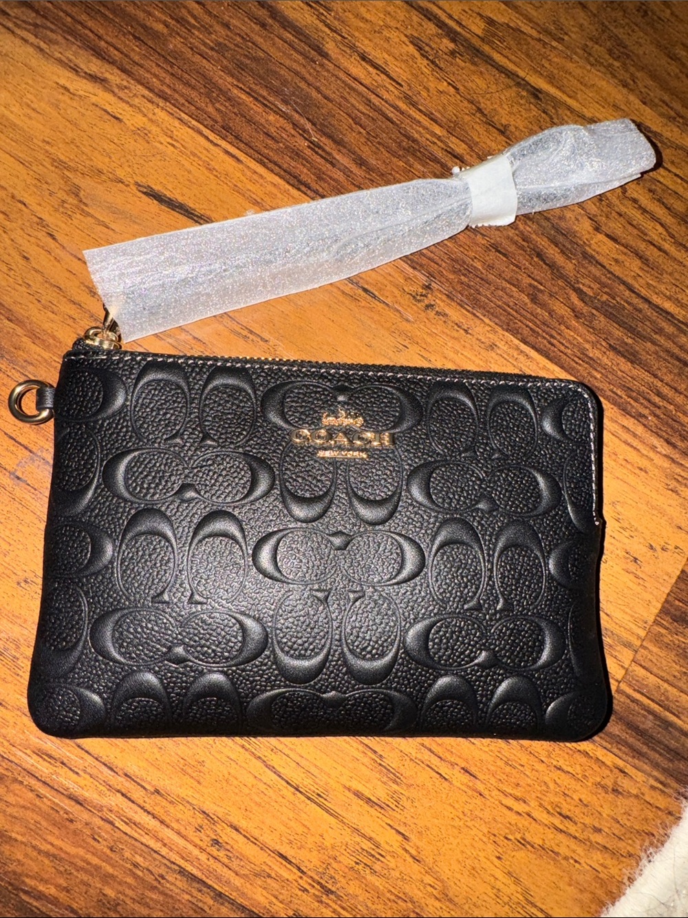 Coach Black Embossed Leather Wristlet Pouch with Gold Logo